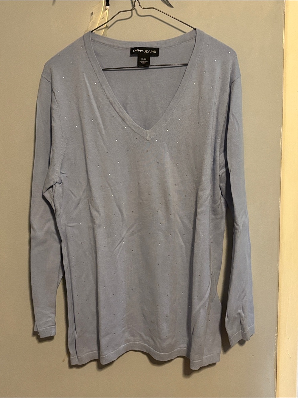 DKNY Light Blue V-Neck Long Sleeve Top with Subtle Stud Detail